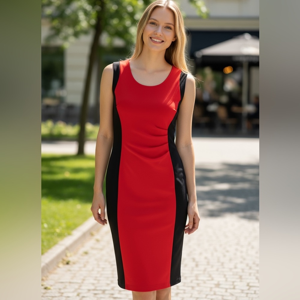 Kenneth Cole Red & Black Color Block Bodycon Women Dress Sz 2 Sleeveless